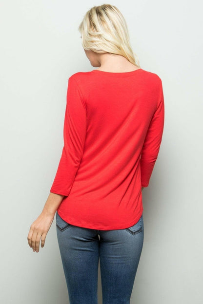 Celeste Red V-Neck Tee, 3/4 Sleeve