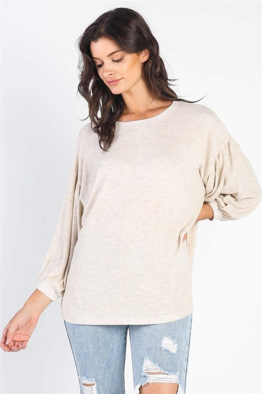 Cherish Apparel Drop Shoulder Puff Sleeve Top Oatmeal Ivory/S