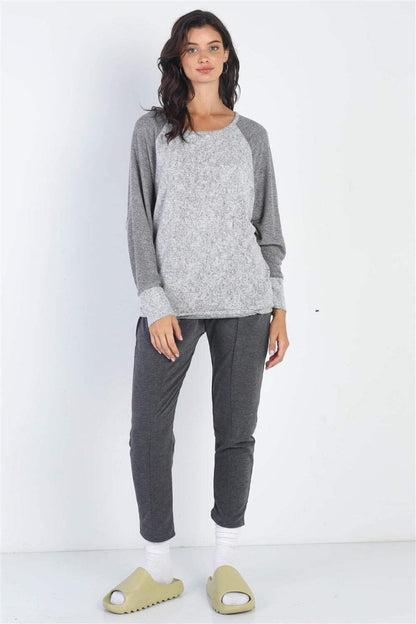 Chic contrast round neck long sleeve top in heather grey