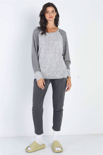 Chic contrast long sleeve top in heather grey