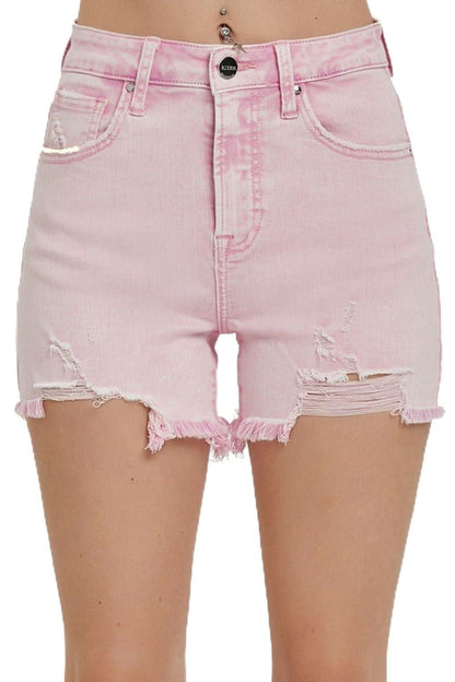 Distressed allure high-rise denim shorts