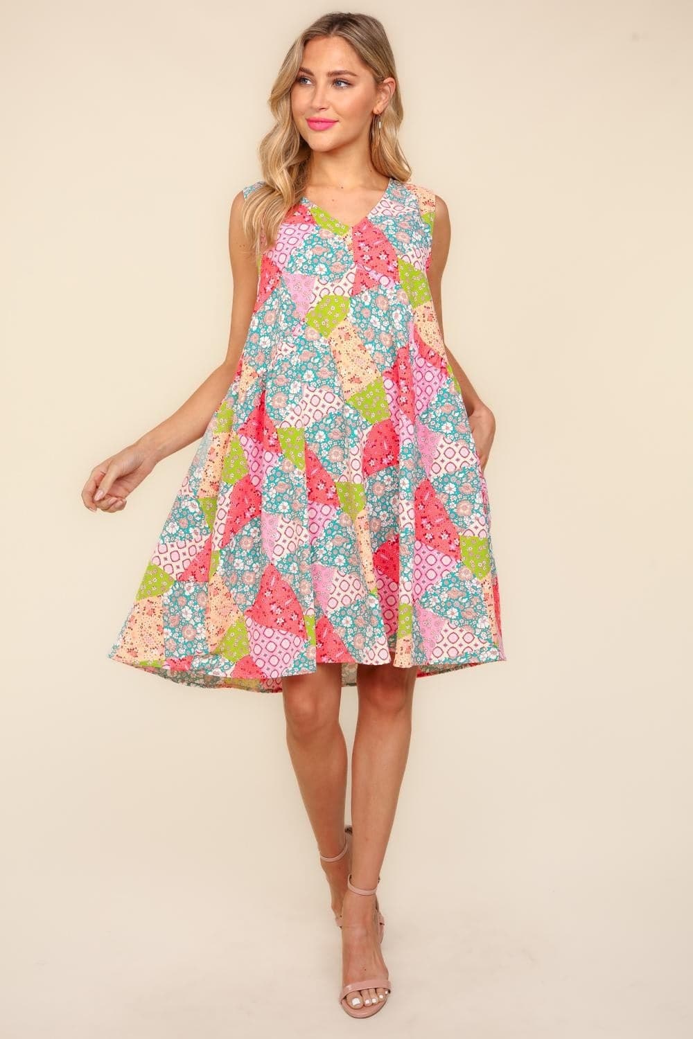 Haptics Full Size Babydoll Floral Patchwork Dress with Side Pockets.