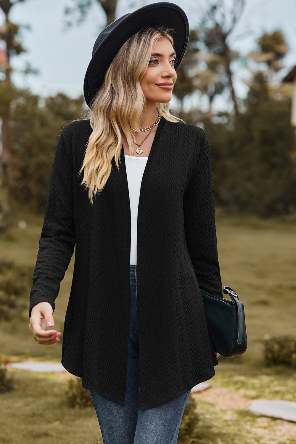 Textured Open Front Long Sleeve Cardigan.