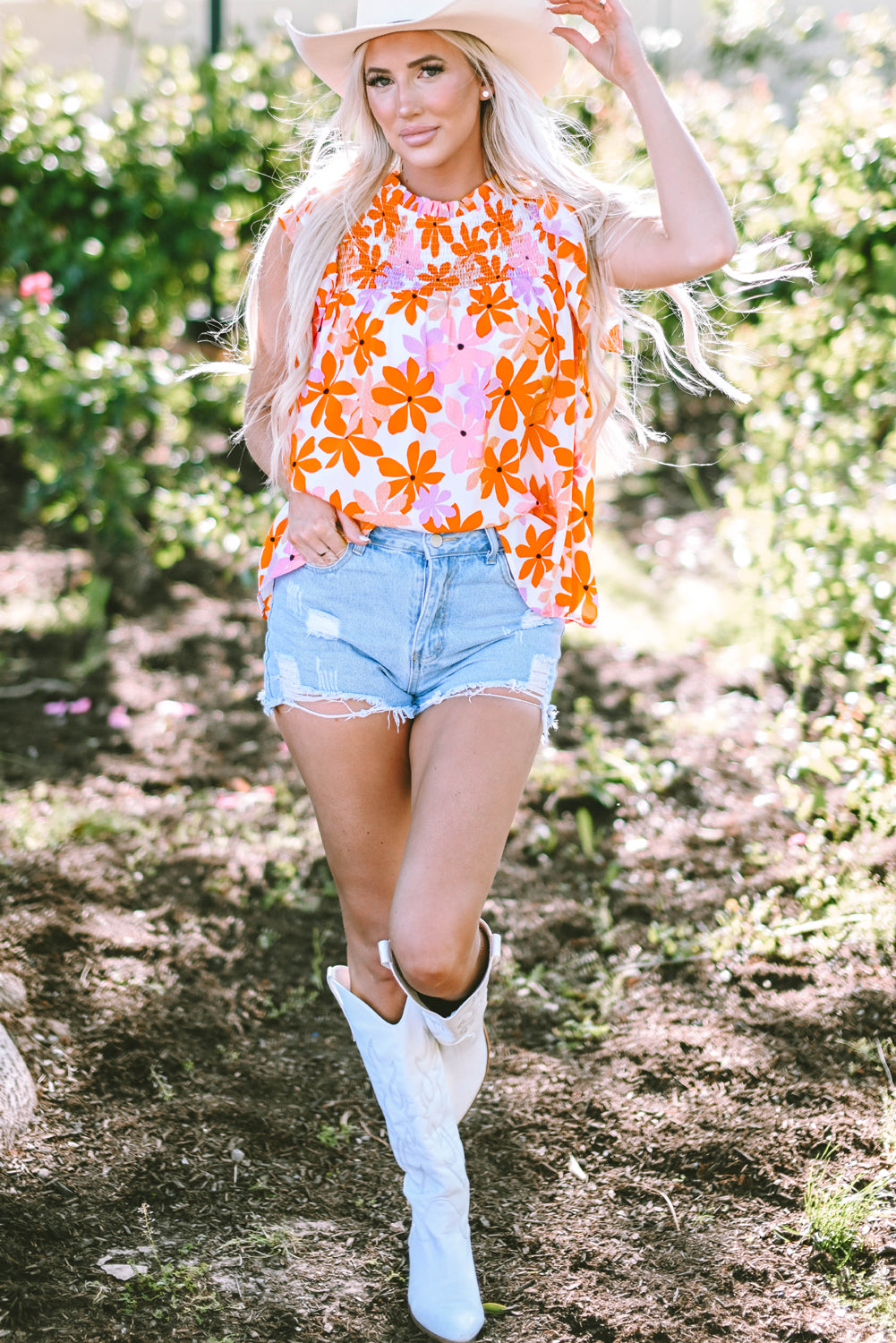 Orange Ruffled Sleeve Smocked Floral Top