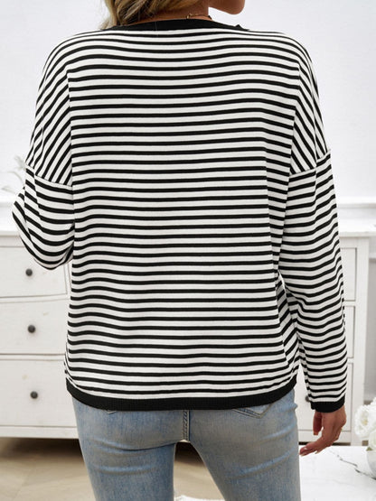 Striped Round Neck Dropped Shoulder Sweater.