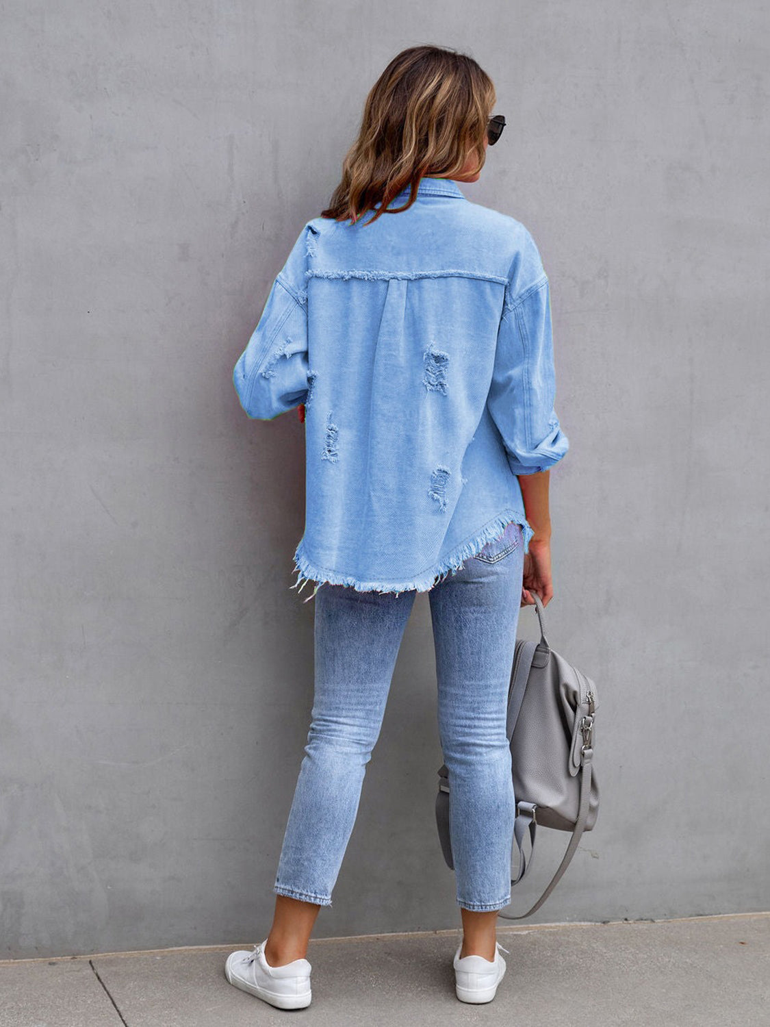 Distressed Drop Shoulder Denim Jacket Coco’s Tee Boutique