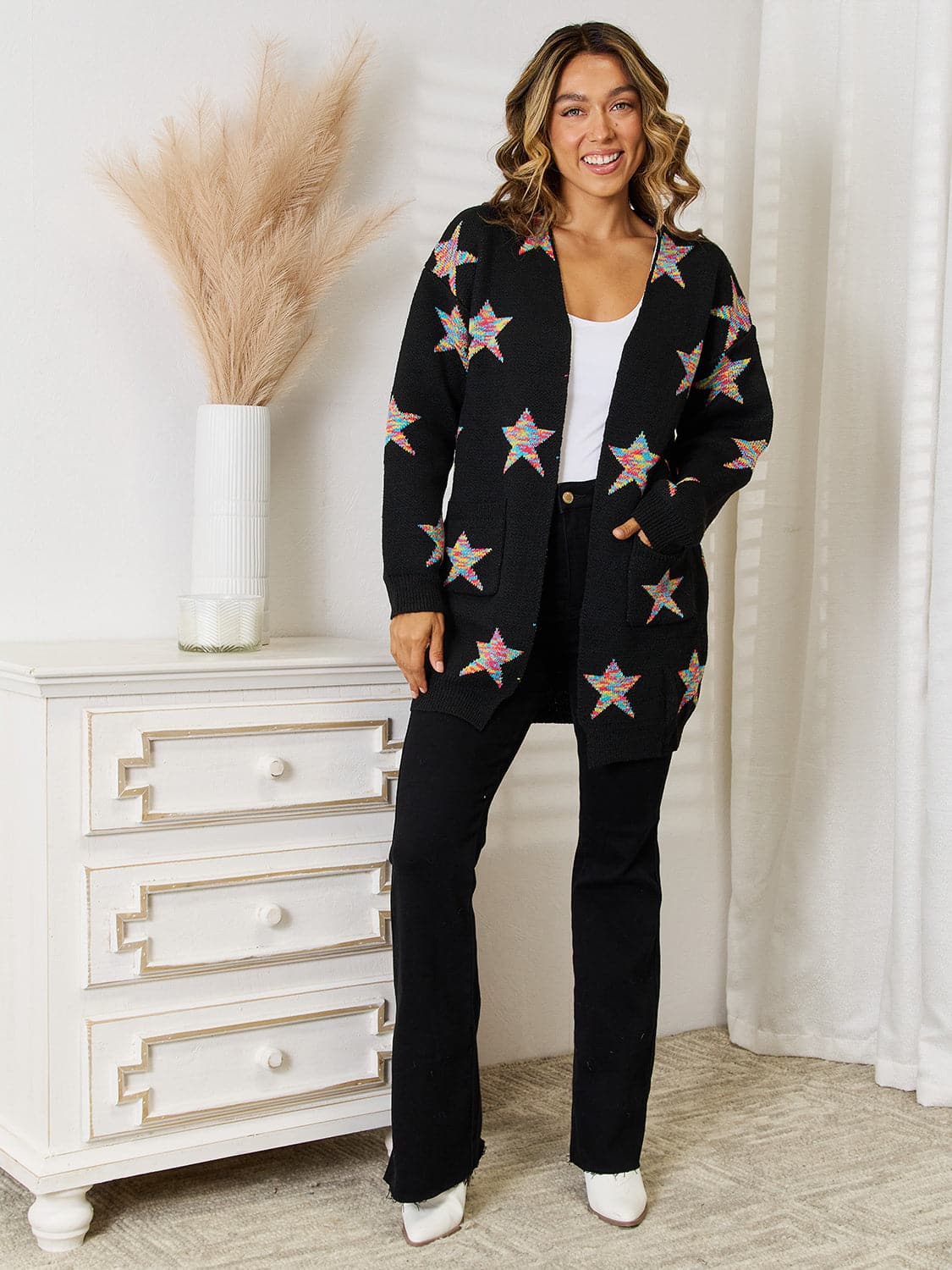 Star Pattern Open Front Cardigan with Pockets.