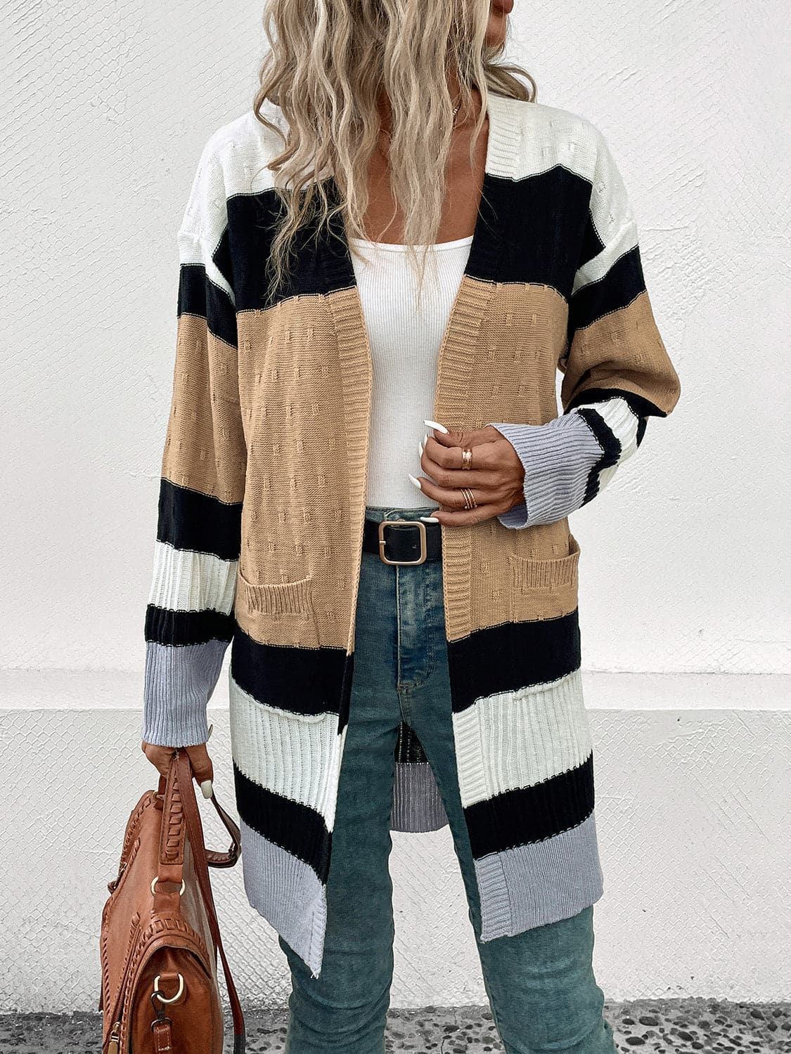 Color Block Open Front Drop Shoulder Cardigan.