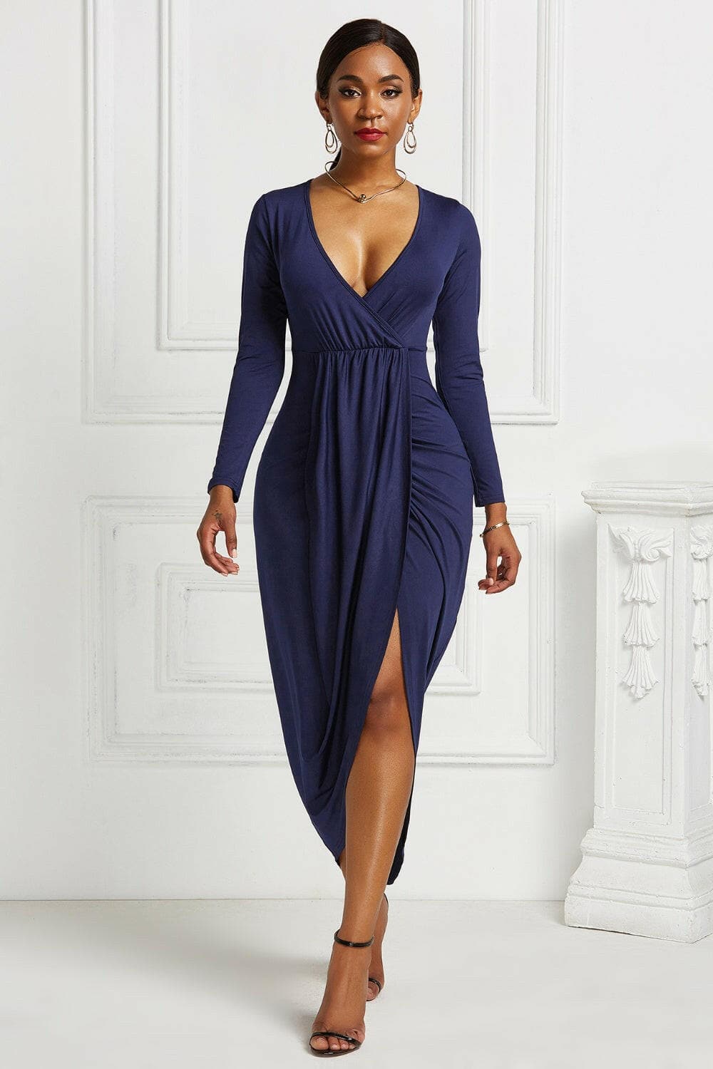 High-low Ruched Surplice Long Sleeve Dress.