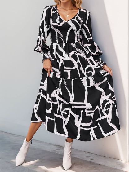 Perfee Smocked Printed Long Sleeve Midi Dress Elegance