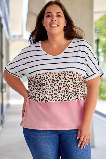 Plus Size Striped Leopard Round Neck Half Sleeve T-Shirt.