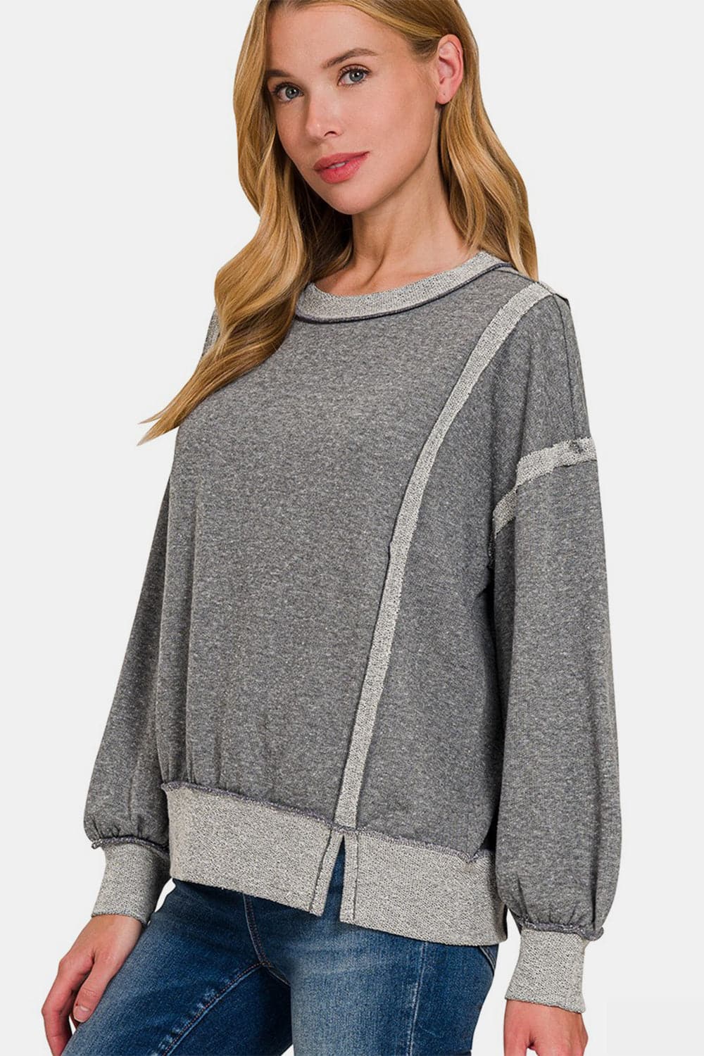 Zenana Washed Exposed-Seam Sweatshirt.