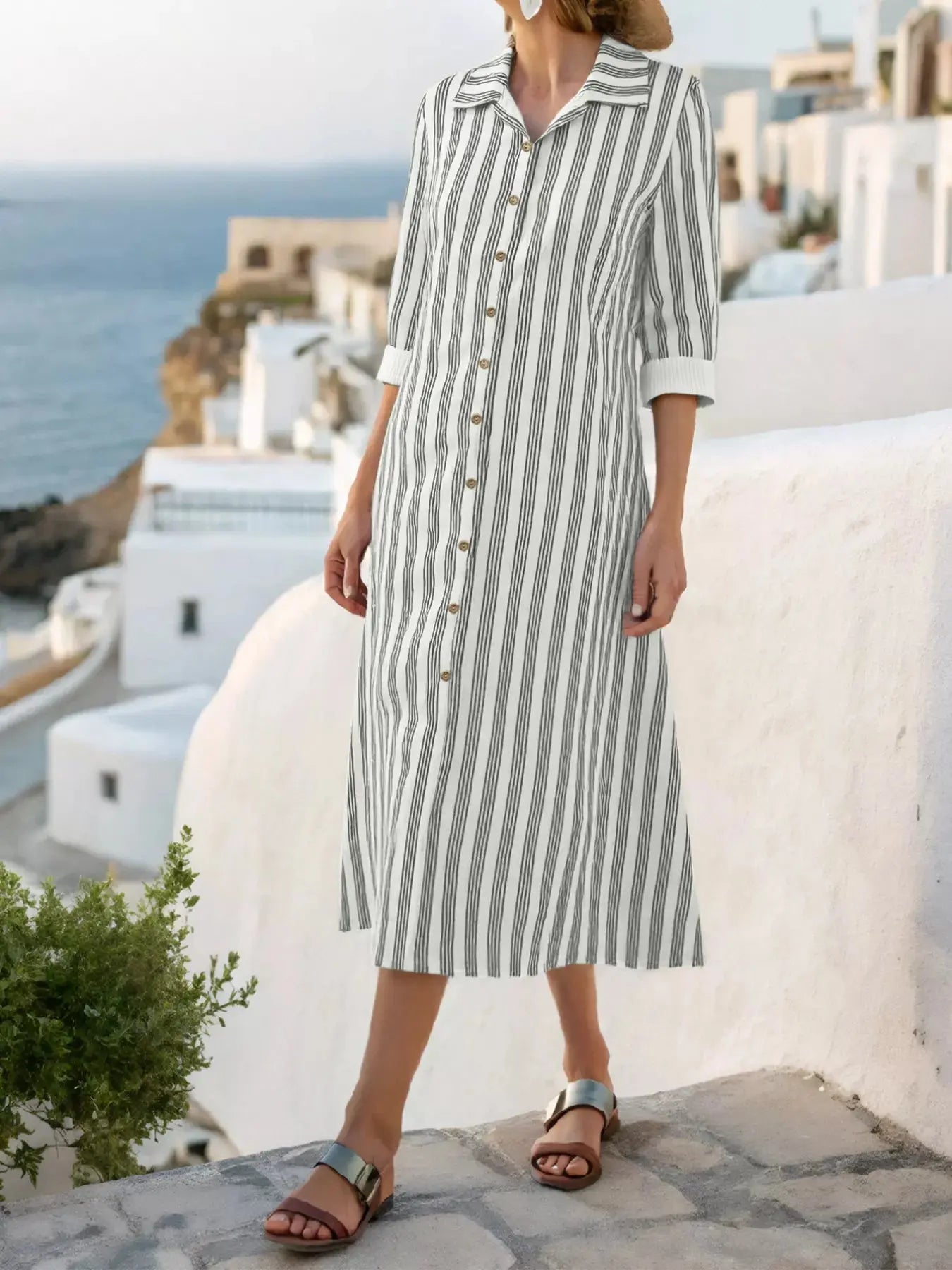 Plus Size Striped Button Front Midi Dress Simply Love