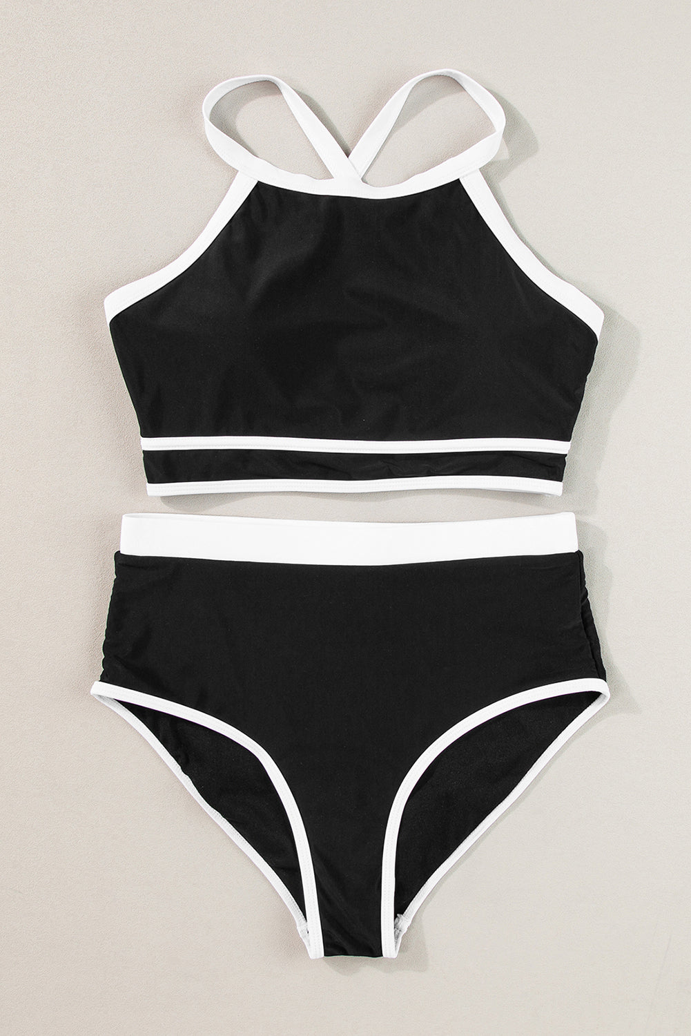 Black High Waisted Bikini with Crisscross Back and Contrast Trim