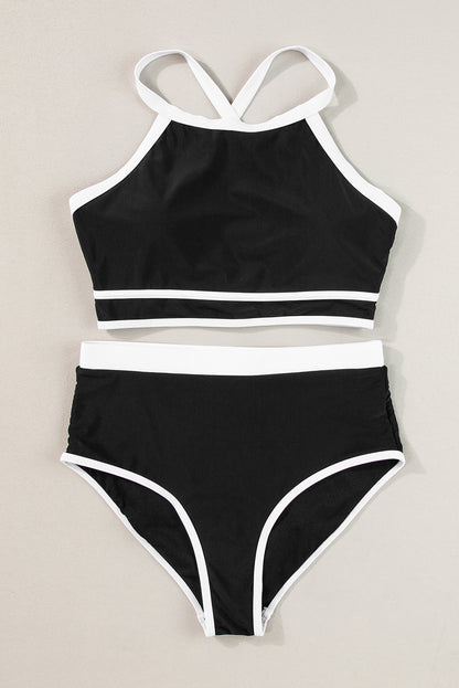 Black High Waisted Bikini with Crisscross Back and Contrast Trim