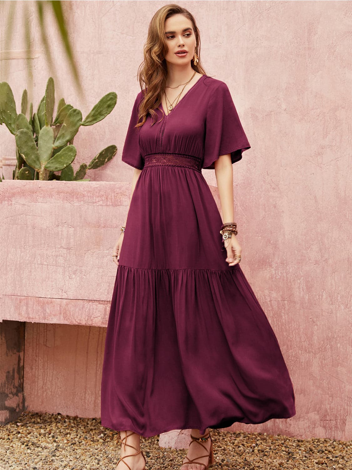 Openwork V-Neck Flare Sleeve Ruched Dress.