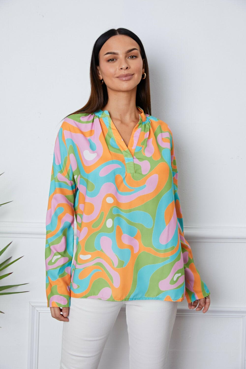 Printed Notched Long Sleeve Blouse.