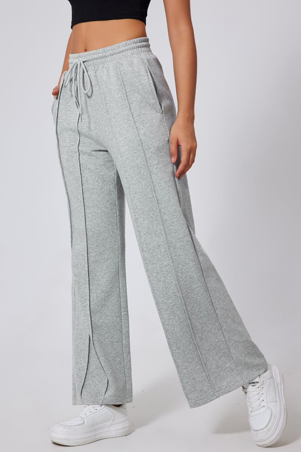 Chic gray high waist wide leg sweatpants with drawstring detail