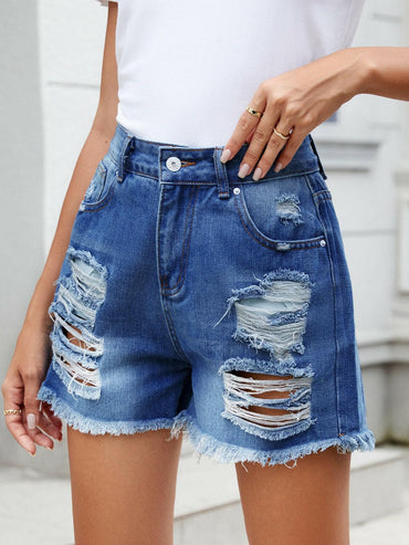 Distressed Raw Hem Denim Shorts.