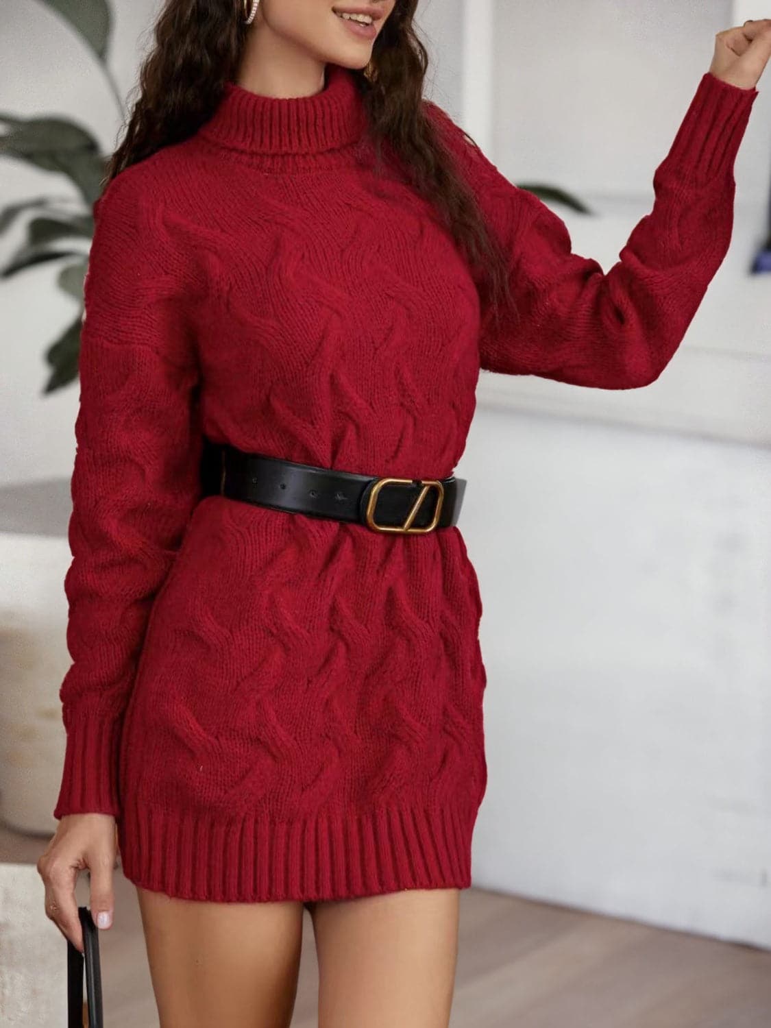 Cable-Knit Turtleneck Sweater Dress.