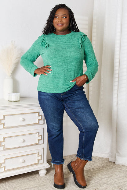 Double Take Ruffle Shoulder Long Sleeve T-Shirt.