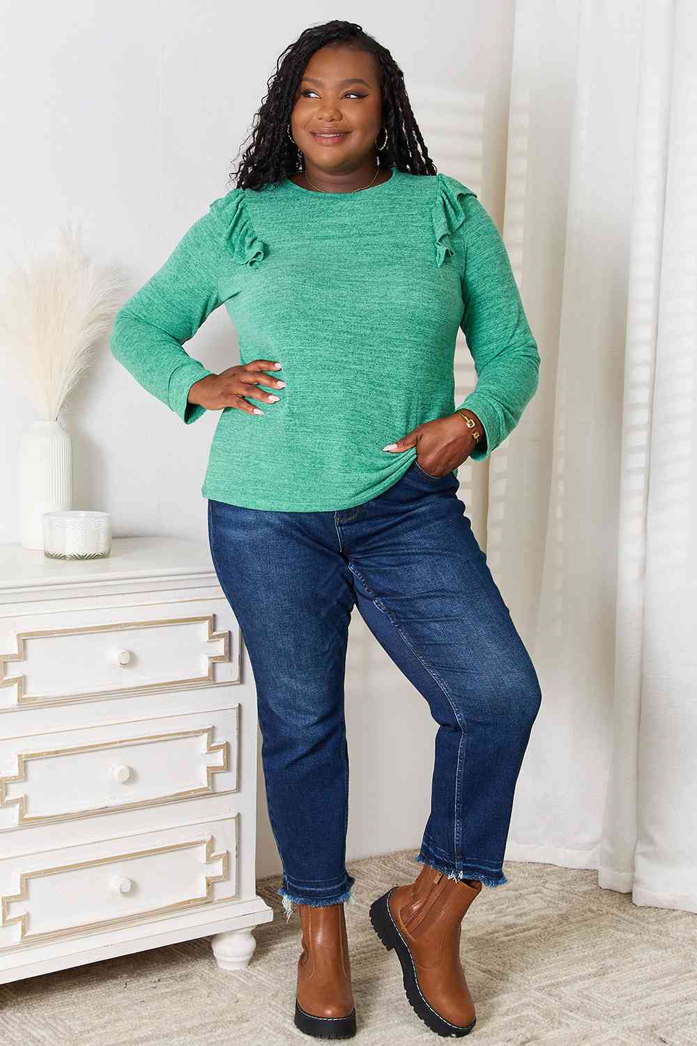 Double Take Ruffle Shoulder Long Sleeve T-Shirt - Love Salve