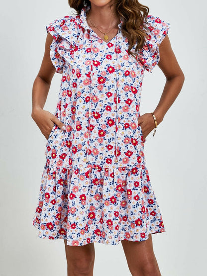 Tied Floral Cap Sleeve Mini Dress.