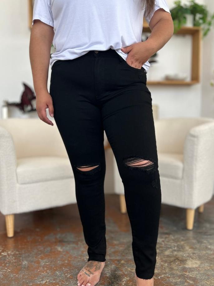 Judy Blue Full Size Distressed Tummy Control High Waist Skinny Jeans Coco’s Tee Boutique