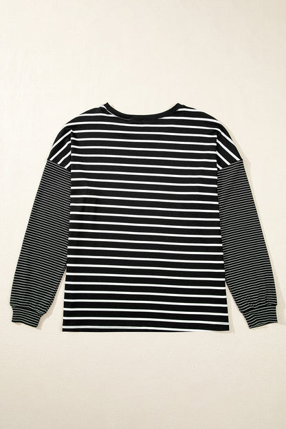 Chic black striped patchwork long sleeve tee for effortless style