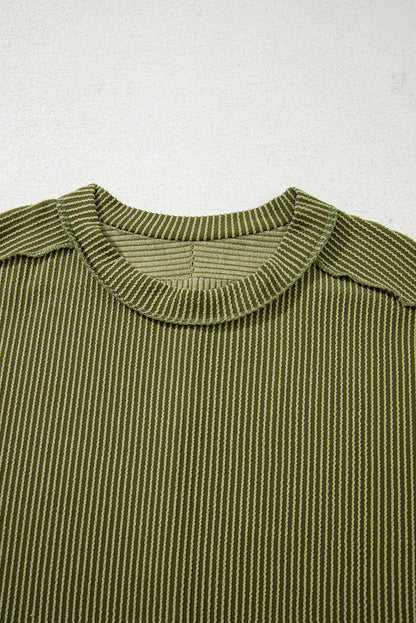 Jungle Green Textured Knit T Shirt with Exposed Stitching