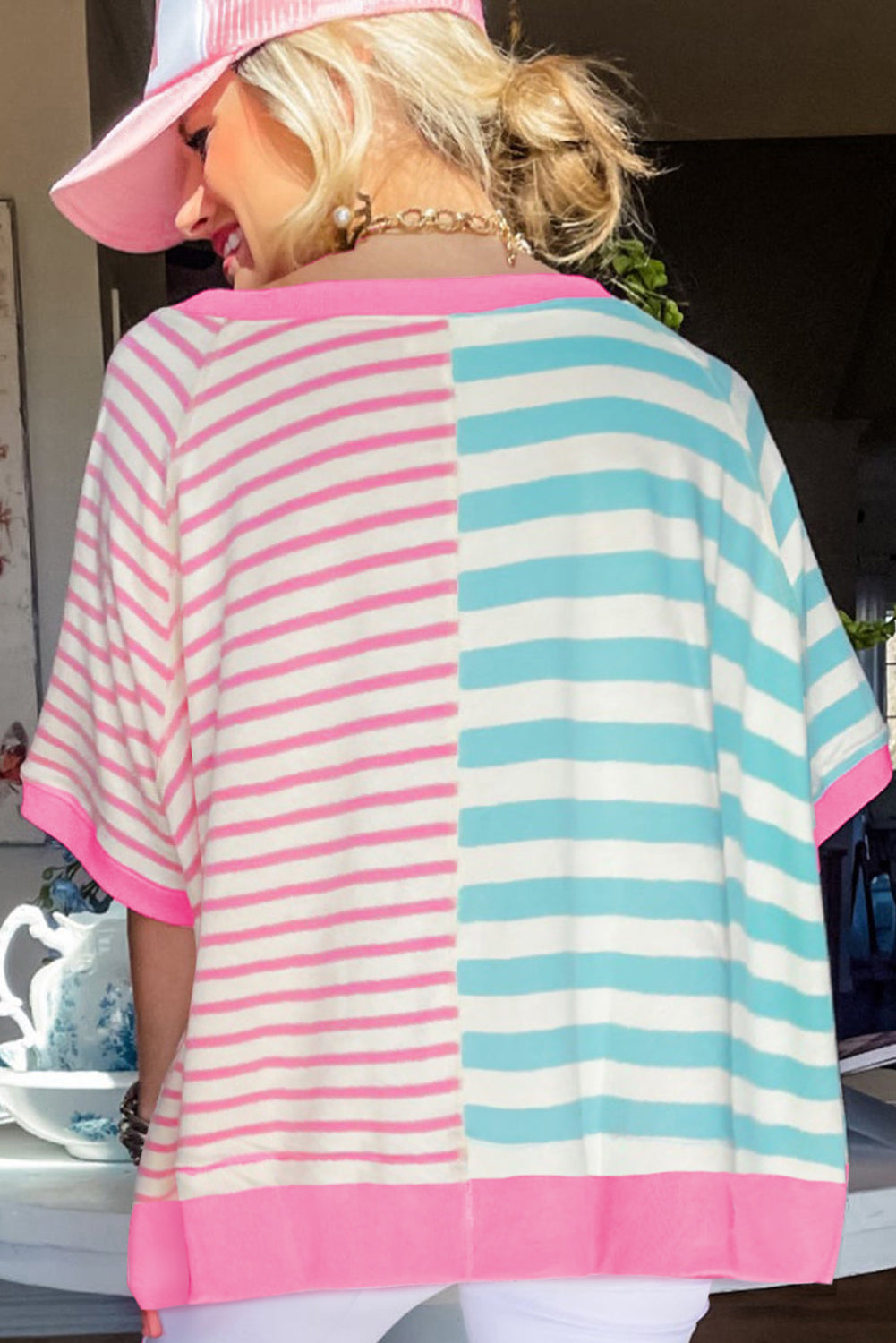 Chic pink stripe oversized patchwork tee for effortless style