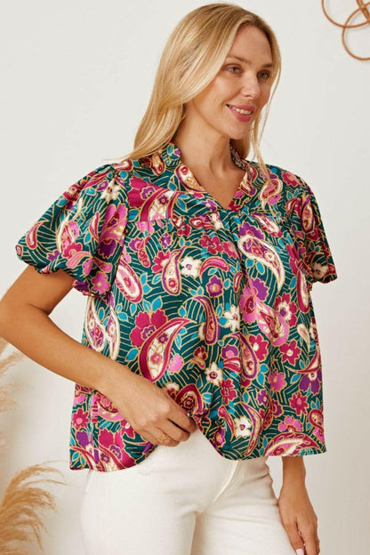 Floral Collared Neck Short Sleeve Blouse.