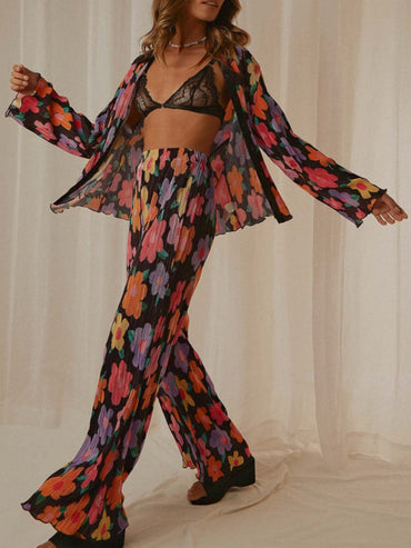 Chic printed collared long sleeve top and pants lounge set