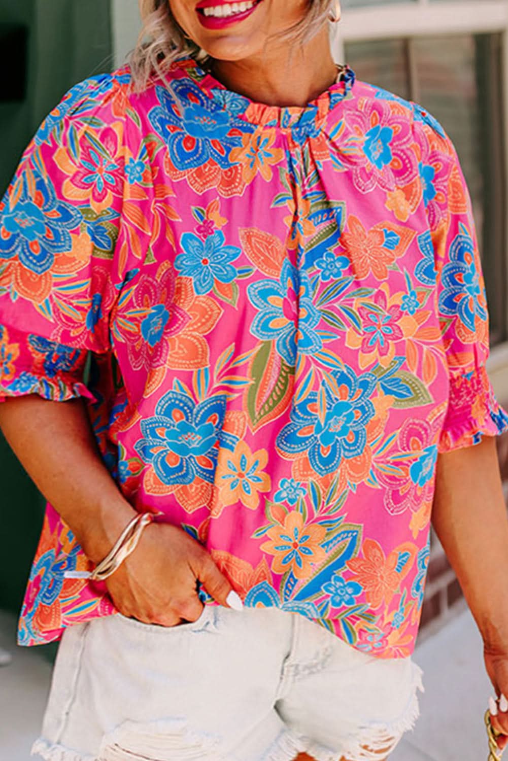 Rose plus floral blouse - frilly neck, puff sleeves - Love Salve 