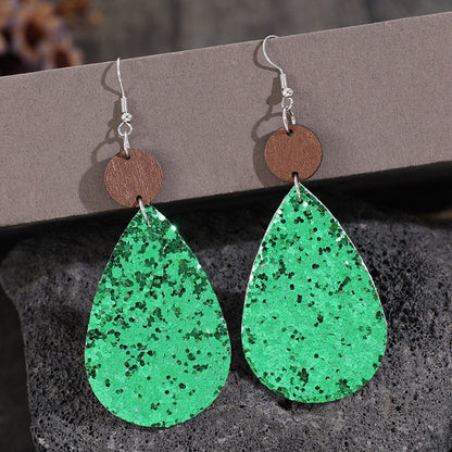 Sequin PU Leather Wooden Dangle Earrings.