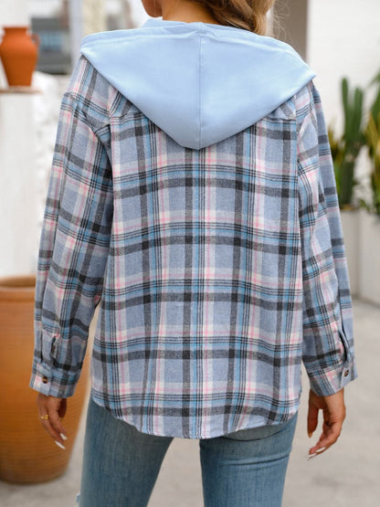 Plaid Long Sleeve Hooded Jacket.