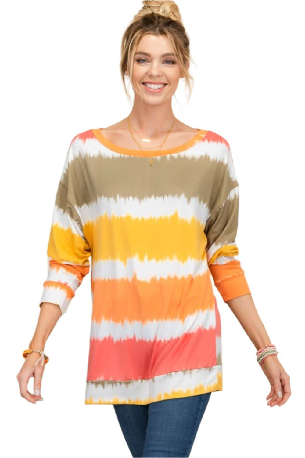 Celeste Full Size Striped Long Sleeve T-Shirt Mustard Stripe / 1XL