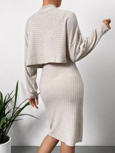 Mock Neck Long Sleeve Top with Wide Strap Dress Combo Set