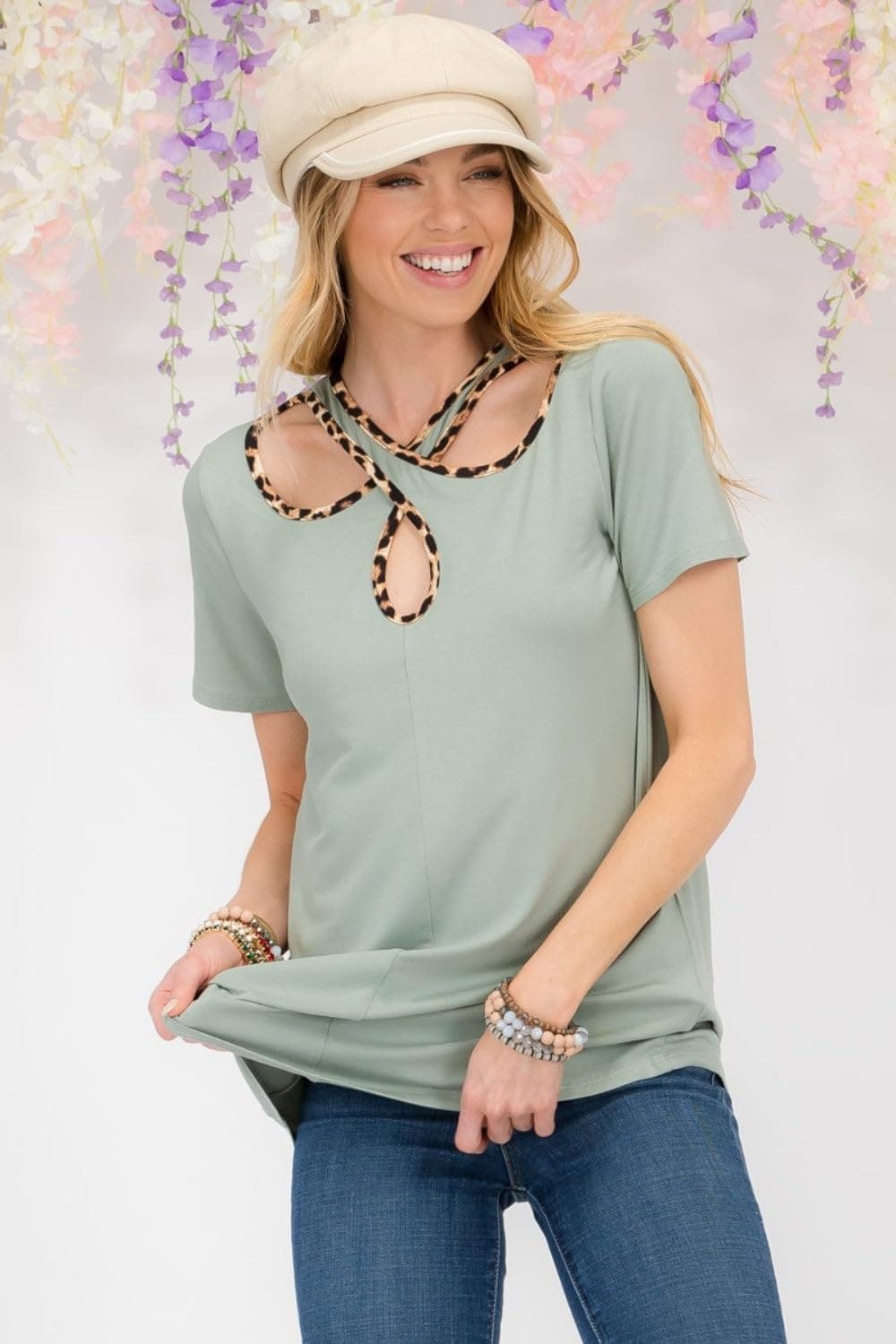 Celeste Full Size Crisscross Cutout Leopard Contrast Trim T-Shirt Sage / 1XL