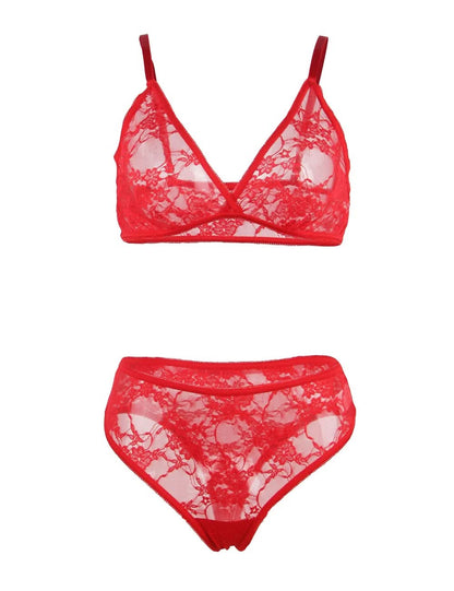 Love Salve Stretch Sheer Lace Bra and Thong Panty Set with Matching Fingerless Sleeves Red