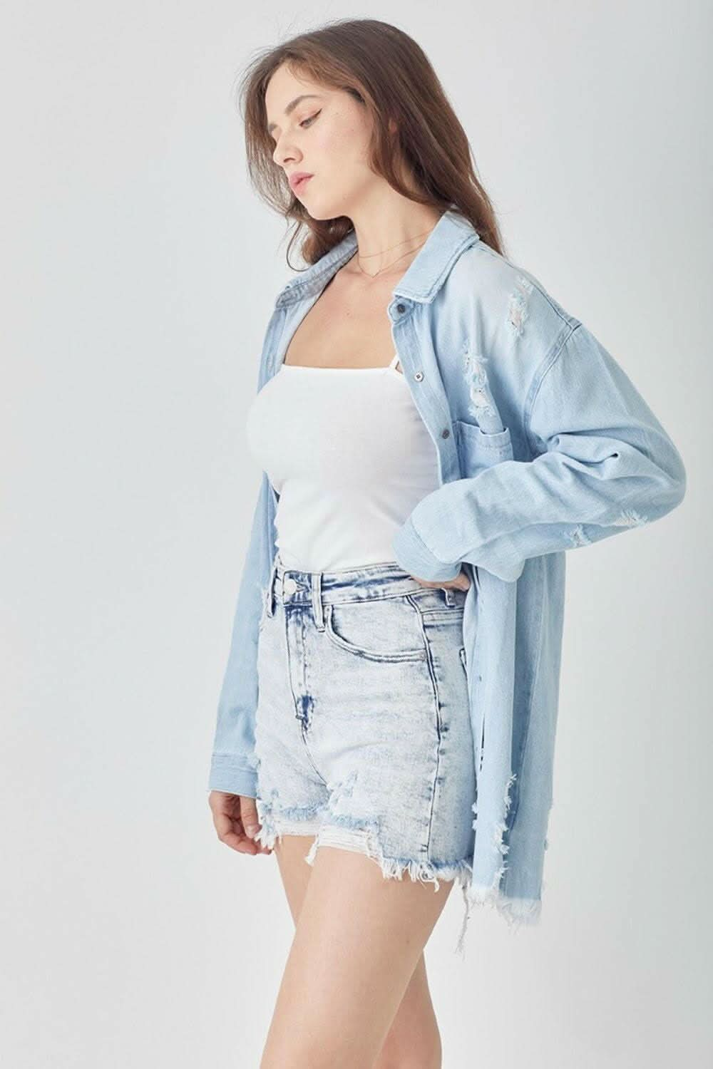 Love Salve Raw Hem Distressed High Rise Denim Shorts