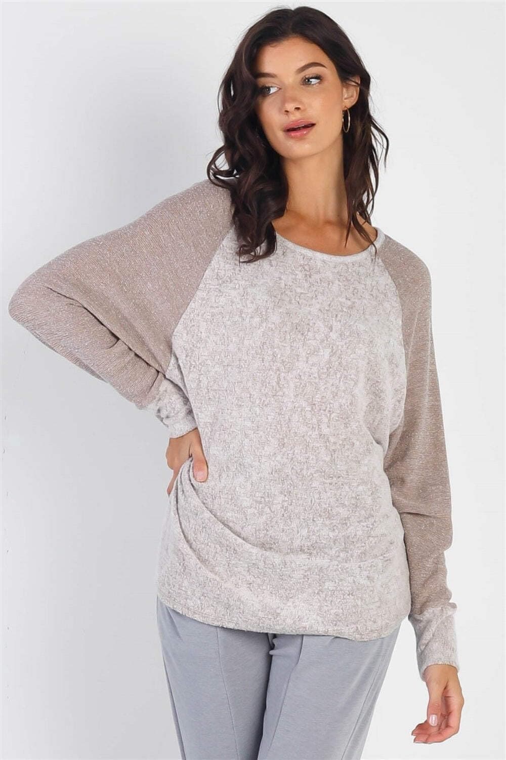 Timeless contrast long sleeve top in heather grey