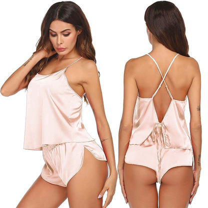 Ekouaer Silk Pajamas Set for Women Satin Backless Lingerie Pjs Cami Top and Shorts Nightwear