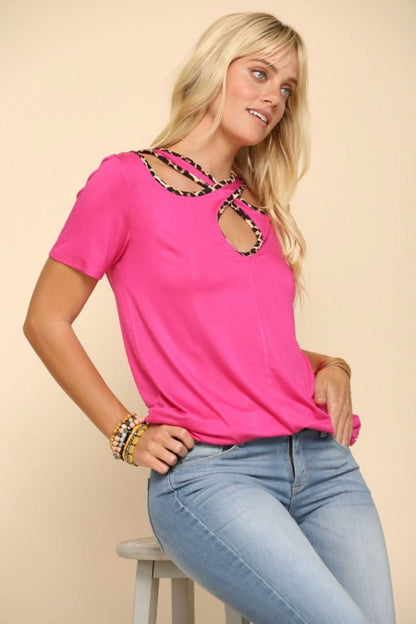 Fuchsia crisscross cutout t-shirt with leopard trim in full sizes