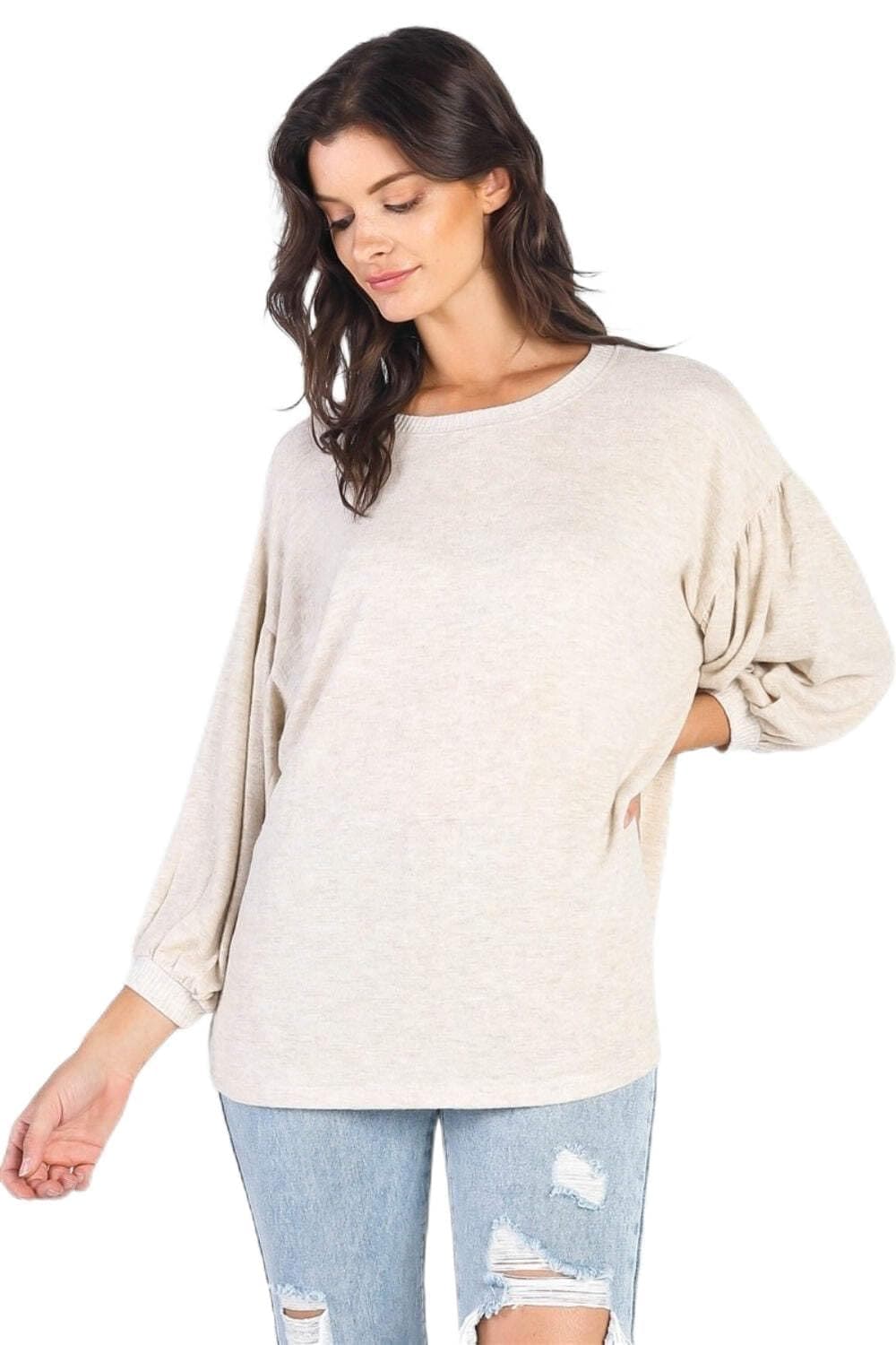 Cherish Apparel Drop Shoulder Puff Sleeve Top Oatmeal Ivory/S