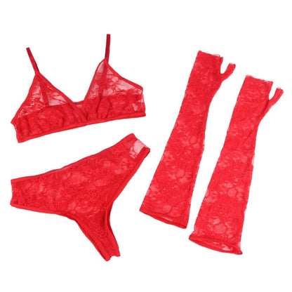 Love Salve Stretch Sheer Lace Bra and Thong Panty Set with Matching Fingerless Sleeves Red