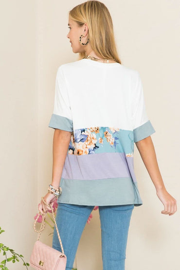 Celeste color block round neck t-shirt in ivory and lilac