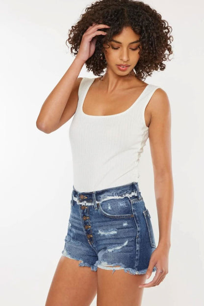 Edgy chic distressed button-fly denim shorts