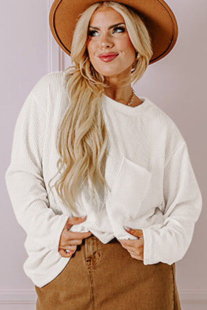 Chic white ribbed long sleeve plus size t-shirt with pocket detail