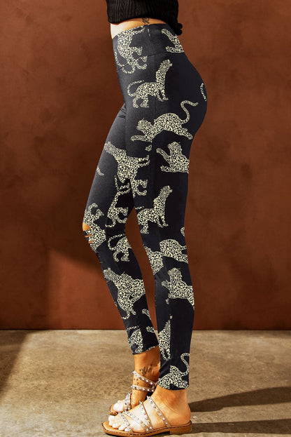 Animal Printed Distressed High Waist Leggings.